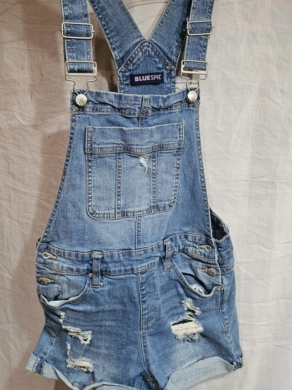 Blue Spice Light Blue Distressed Denim Short Overalls Bibs Size 5 Woman/juniors.
